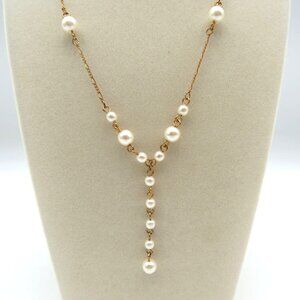 Y Shaped Station Necklace Gold Tone 16" Imitation Pearl‎ Lobster Clasp
